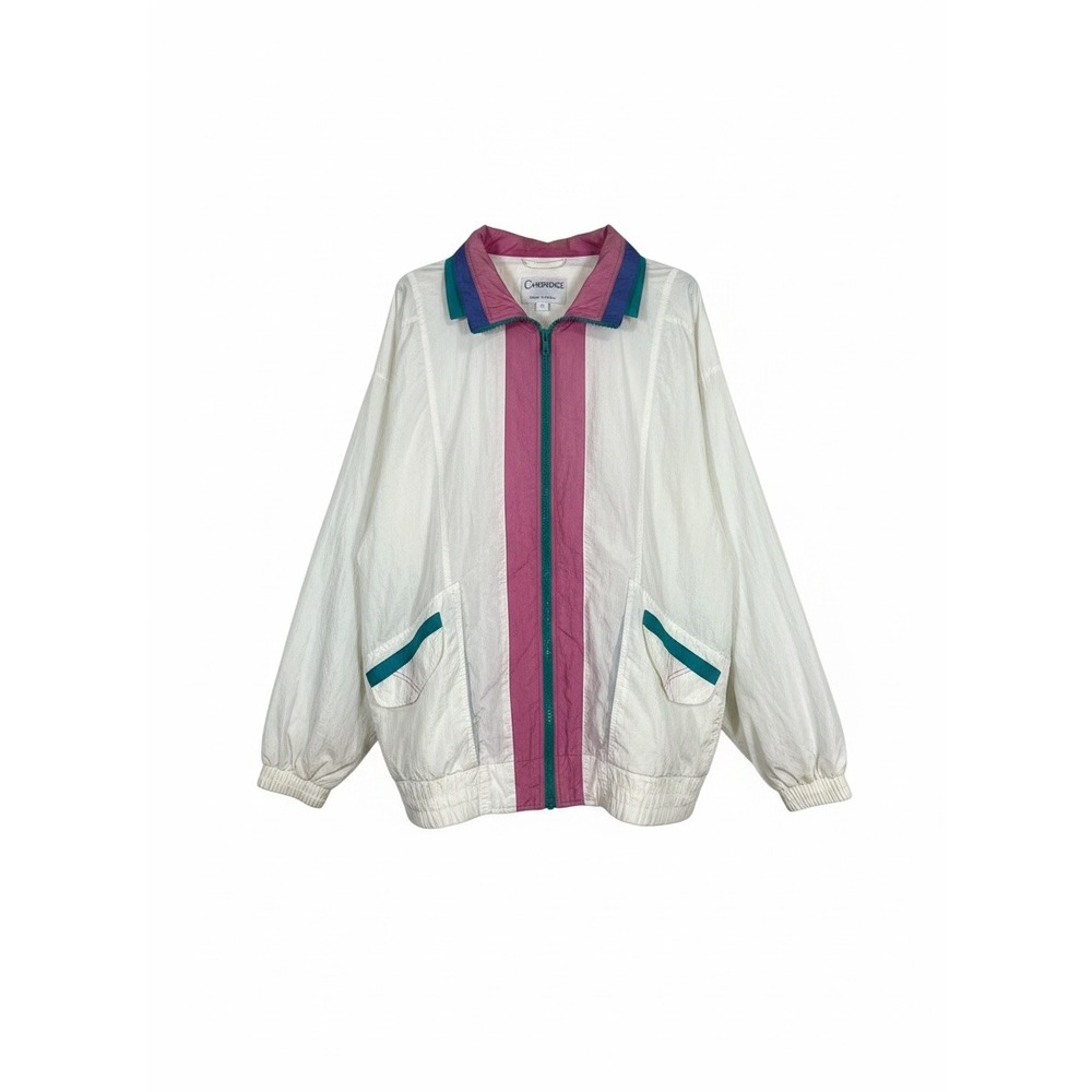 Vintage Cambridge Windbreaker Jacket Womens 2x White Colorful Accents 1980s